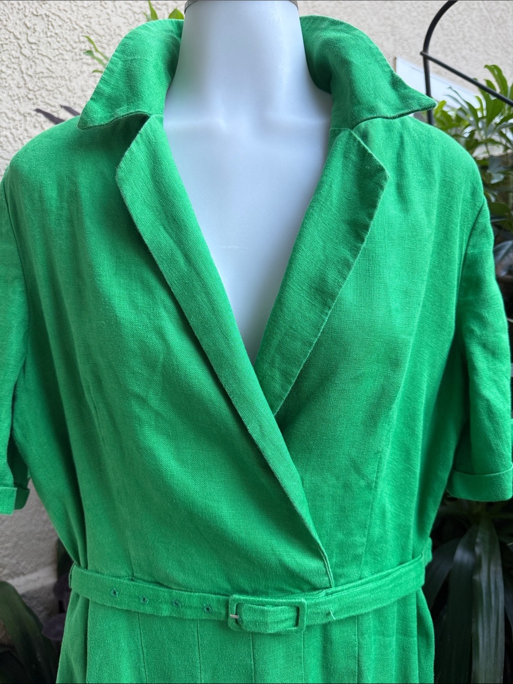 Mango Bright Emerald Green Belted Maxi Linen Dress with Notched Collar and Belt - Picture 6 of 12